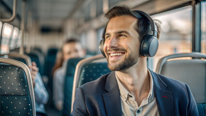 smiling businessman in headphones listening to music in bus and looking away