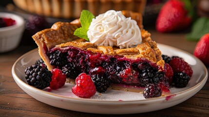  slice of mixed berry pie topped with whipped cream, served on a plate with fresh raspberries and blackberries, showcasing a delicious dessert.