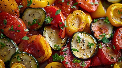 Wall Mural -  dish of Ratatouille, featuring a beautifully arranged medley of roasted vegetables like zucchini, eggplant, and bell peppers in a tomato sauce.