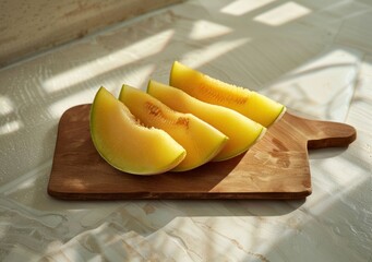 Wall Mural - Fresh melon slices on a wooden board with natural light streaming in through a window