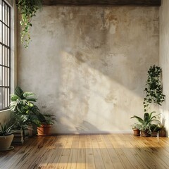 Wall Mural - a realistic close up background for a product photography, display scene, creamy white wall with rustic wood flooring, studio light, empty backdrop, rustic pots with plants on the left side 