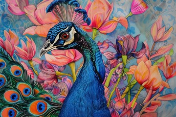 Poster - painting of peacock with flowers in the background, beautiful peacock showcasing its feathers