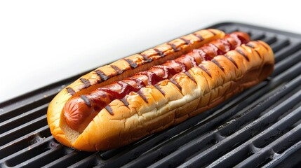 Poster - Closeup of hotdog on a barbecue grill, in a slit bun, isolated on white background, showcasing classic BBQ fare with copy space