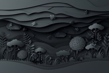 Sticker - Nighttime nature scene with whimsical plants and celestial background abstract landscape black and grey tones layered illustration fantasy and dreamlike