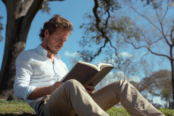 Wall Mural - Man in park reading book wearing white shirt chinos loafers timeless casual style