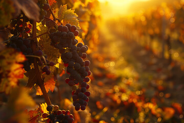 Vineyard with grapes at sunset, autumn harvest season, warm golden light and red wine colors, close-up of grape bunches on vine branches, blurred background, warm tones, detailed texture of the grapes