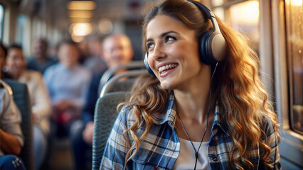 Smiling young woman with headphones listening to music in a train.