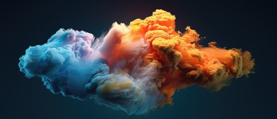 Vivid and vibrant colorful cloud smoke on dark background, abstract art blending blue and orange hues creating dramatic lighting effect