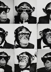 Poster - A black and white photobooth film photostrip of a welldressed chimpanzee wearing a pez and sunglasses the same welldressed has different expressions in each photo