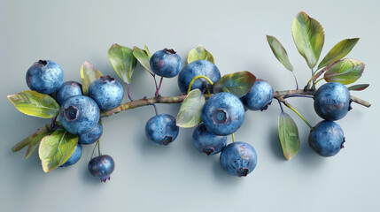 Wall Mural - Ripe, juicy blueberries cluster on green branch, surrounded by fresh leaves in summer sun