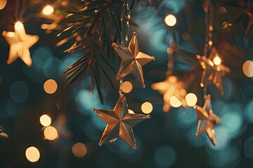 Aufkleber - bunch of stars hanging from tree, bokeh background with twinkling stars, ideal for magical setting
