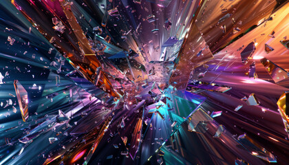 Wall Mural - A shattered crystal with iridescent facets reflecting vibrant colors in an abstract composition