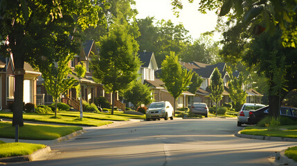 Charming houses line the street, with colorful gardens and sidewalks in a peaceful suburb.