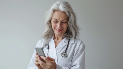 Mature female doctor wearing hospital white robe using smart phone and smiling on grey background, app online