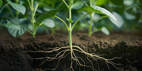 Roots of green soybean plants thriving in soil. Concept Green Soybeans, Plant Growth, Agriculture, Organic Farming, Soil Health