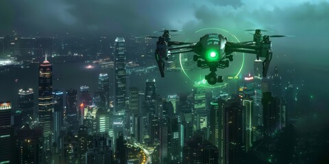 Wall Mural - Drone with green glowing lens flying at night over a city