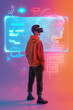 © sam - teen using artificial intelligence on virtual screen with a simple minimalist colourful UI for communicating with friends online - future social media concept