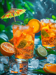 Wall Mural - Cocktail with orange, lemon, ice cubes and mint leaves on a table