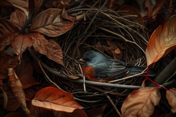 Poster - bird in autumn leaves