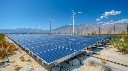 A solar farm with numerous solar panels and wind turbines in a desert landscape under a bright blue sky