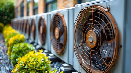 Outdoor air conditioning units aligned along a building exterior, surrounded by green foliage, highlighting HVAC maintenance and energy efficiency themes