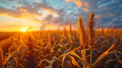 Canvas Print - Golden wheat field at sunset with vibrant colors and dramatic clouds, ideal for agricultural content, seasonal themes, or nature backgrounds,