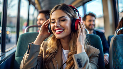 Poster - selective focus of smiling young woman in headphones listening to music in bus