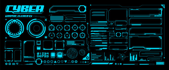 blue futuristic graphic elements, cyber interface, tech border, layout, techno display, hologram tem