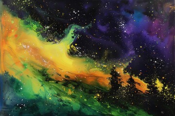 Fototapete - painting of colorful galaxy with stars, brilliant display of Northern Lights dancing across the sky