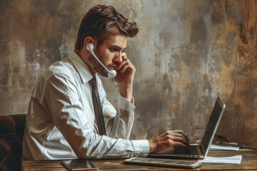 Fototapete - businessman multitasking, typing on his laptop while taking phone call