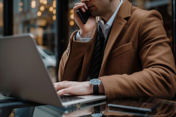 Fototapete - businessman multitasking, typing on his laptop while taking phone call