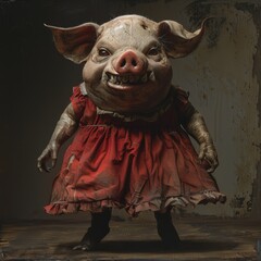 Small vampire pig with large fangs in a red dress standing on two feet horror dark themes distressed scary frighting