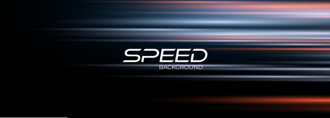 Poster - Blue and red high-speed background. Movement light trails effect on black abstract background. Wide technology banner with glowing blue and red light motion effect. Vector illustration
