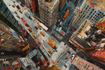 Poster - painting of city with lots of tall buildings, bustling cityscape captured from above