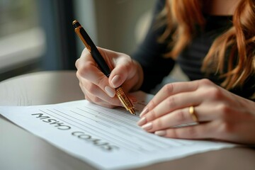 Fototapete - Beautiful person filling out a customer service satisfaction survey form with a pen.