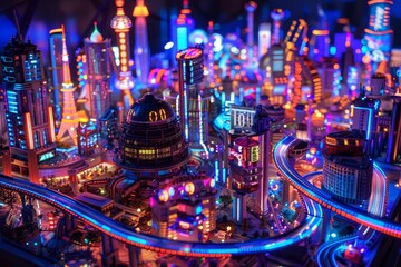 Fototapete - city with many buildings and lights, bustling futuristic cityscape bathed in neon lights with 3D glow