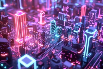 Fototapete - city with many buildings and lights, bustling futuristic cityscape bathed in neon lights with 3D glow