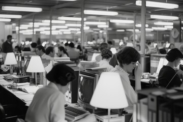 Poster - large room filled with people working on computers, bustling office environment with employees typing away at their computers and making calls
