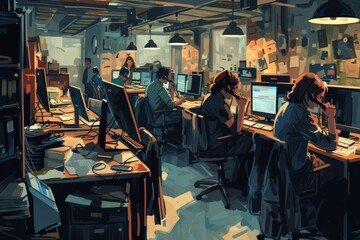 Poster - large room filled with people working on computers, bustling office environment with employees typing away at their computers and making calls