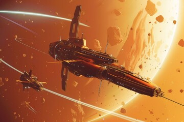 Wall Mural - spaceship flying through space with planet in the background, bustling space station orbiting distan