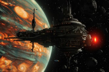 Wall Mural - spaceship flying through space with planet in the background, bustling space station orbiting distan