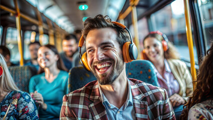 Wall Mural - Smiling man in headphones riding a bus with his friends in the background