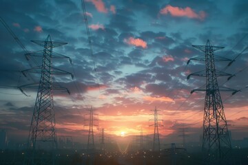 Canvas Print - power lines against a warm sunset sky