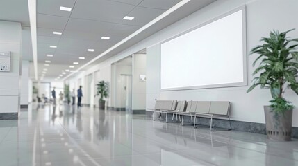 Blurred interior of a modern hospital hall with a blank frame hanging on a wall