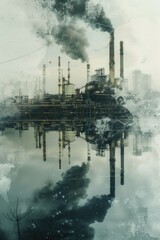 Poster - A photograph of a factory with visible smoke output, suitable for use in images related to industry, environmental concerns, or urban landscapes