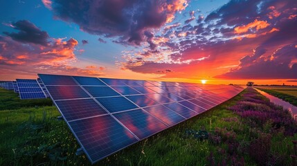 Solar Panel Array at Sunset in a Green Field with Dramatic Sky
