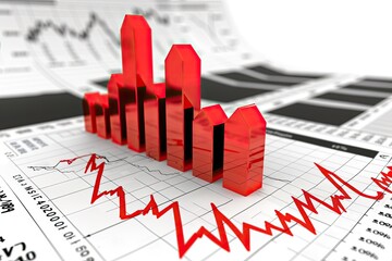 Fototapete - red and black photo of city, chart with 3D graph for investments