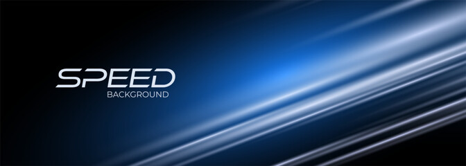 Poster - Speed illuminated traffic lanes. Black and blue modern abstract background with glowing movement and high-speed light effect. Vector illustration