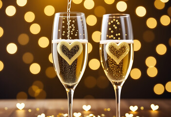 Wall Mural - champagne glasses golden bubbles bokeh background valentine celebration concept high resolution high details vibrant