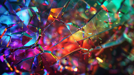 Wall Mural - A closeup of shattered glass reflecting a spectrum of vibrant colors